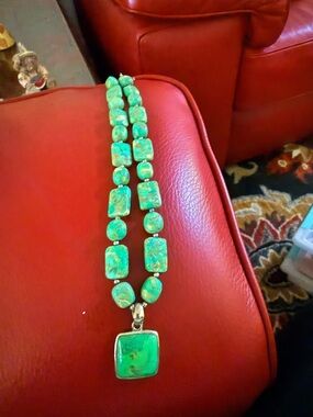 Handcrafted 925 Sterling Silver Green Turquoise Beaded Necklace and Pendant